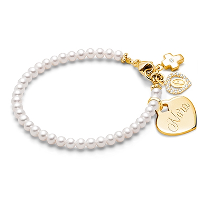3mm Cultured Pearls, Baby/Children&#039;s Beaded Bracelet for Girls (INCLUDES Engraved Charm) - 14K Gold