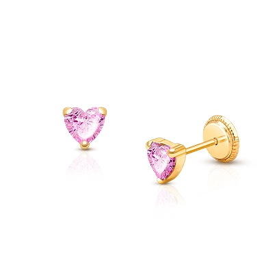 14K Yellow Gold Pink/Purple CZ Crown Screw Back Earrings For Girls