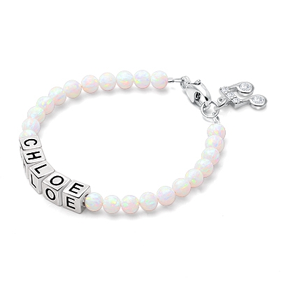 4mm Opals, Lab Created White Opal Baby/Children&#039;s Name Bracelet for Girls - Sterling Silver