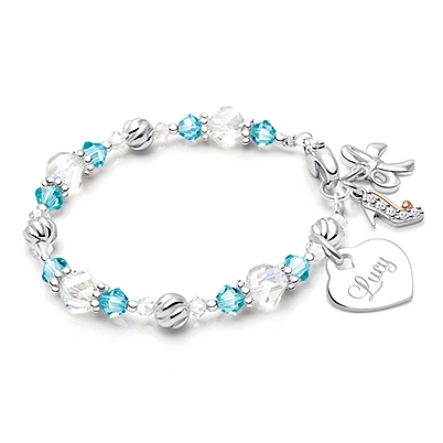 Birthstone Shimmer, Baby/Children&#039;s Beaded Bracelet for Girls (INCLUDES Engraved Charm) - Sterling Silver