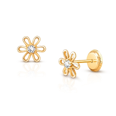 Dreaming Daisies, Clear CZ Stud, Baby/Children&#039;s Earrings, Screw Back - 14K Gold
