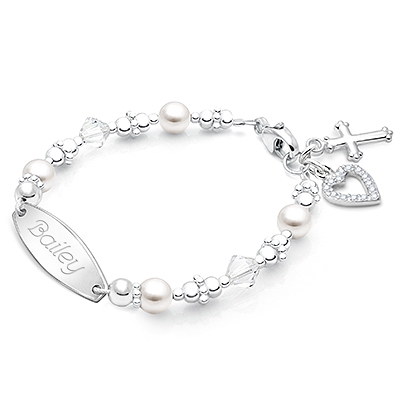 Diamond Cross, Christening/Baptism Baby/Children&#039;s Engraved Bracelet for Girls - Sterling Silver