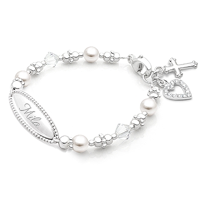 Personalised Christening Swirls  Hearts White Freshwater Pearl Bracelet