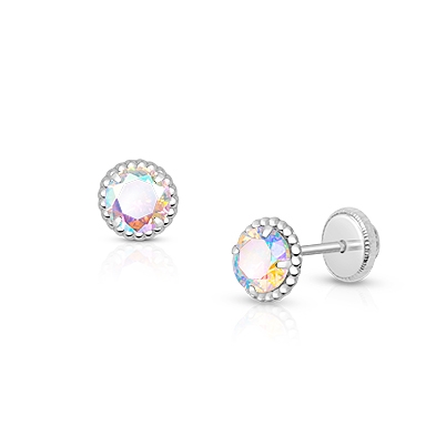 Gia™ Enchanted Light, Opalescent CZ Baby/Children’s Earrings, Screw Back - 14K White Gold