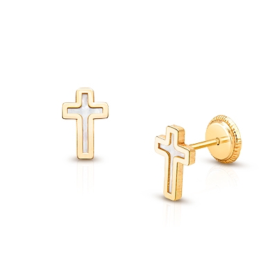 14K Gold Mother of Pearl Cross Earrings for Kids