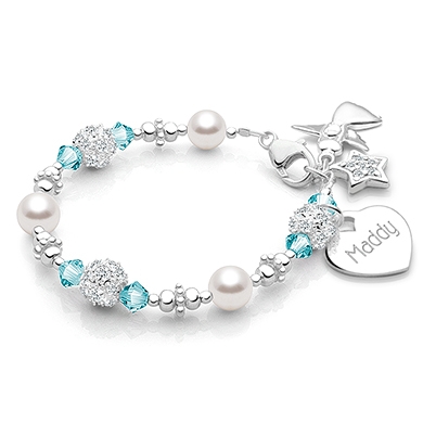 Sterling Silver Elegant Teen Bracelet with White Pearls & Crystals
