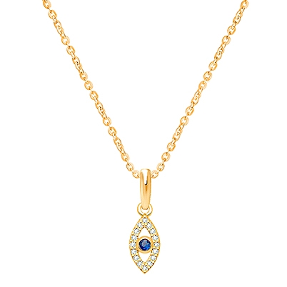 Evil Eye with Genuine Diamonds and Blue Sapphire, Teen&#039;s Necklace for Girls - 14K Gold