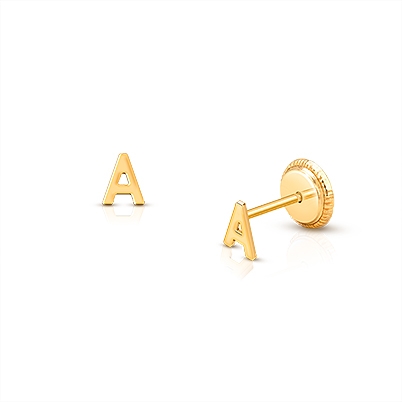 ‘A’ Tiny Initial Studs Personalized Baby/Children’s Earrings, Screw Back - 14K Gold