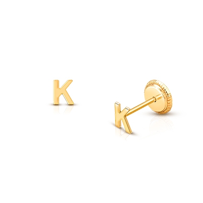 ‘K’ Tiny Initial Studs Personalized Baby/Children’s Earrings, Screw Back - 14K Gold