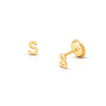 ‘S’ Initial Studs, Personalized Letter, Baby/Children’s Earrings, Screw Back - 14K Gold