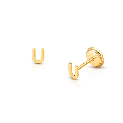 ‘U’ Tiny Initial Studs Personalized Baby/Children’s Earrings, Screw Back - 14K Gold