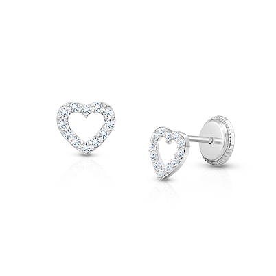 Love of Mine, Clear Pavé CZ Heart, Teen&#039;s Earrings - 14K White Gold