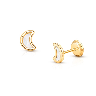 Gia™ Genuine Dream, Mother of Pearl Moon Baby/Children&#039;s Earrings, Screw Back - 14K Gold