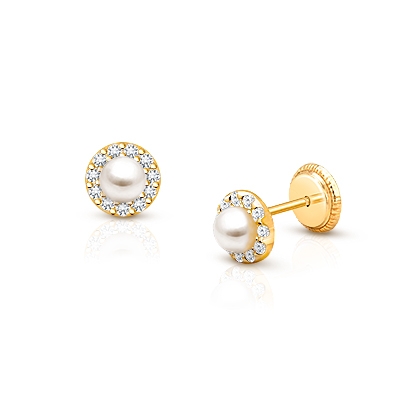 Pearl Halo, Clear CZ First Holy Communion Children’s Earrings, Screw Back - 14K Gold