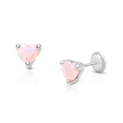 Gia™ Pink Opal CZ Heart, Baby/Children&#039;s Earrings, Screw Back - 14K White Gold