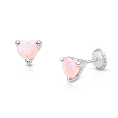 Gia™ Pink Opal CZ Heart, Mother&#039;s Earrings, Screw Back - 14K White Gold