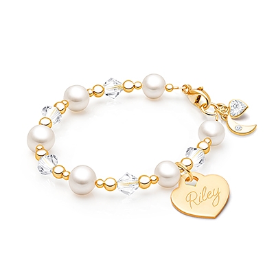 Precious Pearls, Baby/Children&#039;s Beaded Bracelet for Girls (INCLUDES Engraved Charm) - 14K Gold