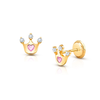 Princess at Heart, Pink/Clear CZ Christening/Baptism Baby/Children&#039;s Earrings, Screw Back - 14K Gold