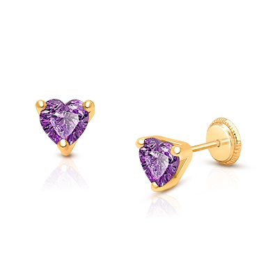 Simple Heart Studs, 5mm Royal Purple CZ Baby/Children&#039;s Earrings, Screw Back - 14K Gold