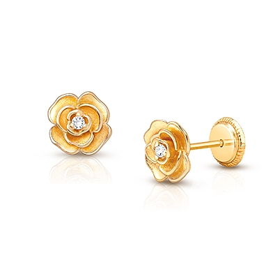 Rose Radiance, Clear CZ Stud, Baby/Children&#039;s Earrings, Screw Back - 14K Gold