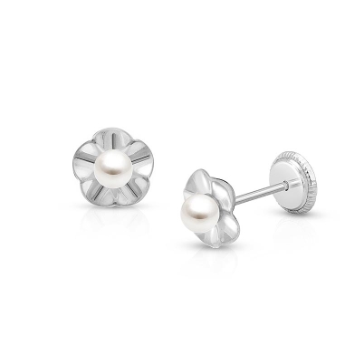 Ruffled Petals with Pearl, Christening/Baptism Baby/Children&#039;s Earrings, Screw Back - 14K White Gold