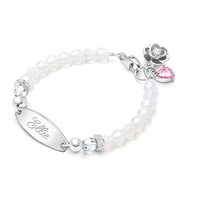 tB® Signature Crystal™ White Opal Baby/Children’s Engraved Bracelet for Girls - Sterling Silver