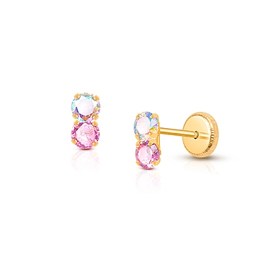 Gia™ Shimmer Drop, Pink/Opalescent CZ Teen’s Earrings, Screw Back - 14K Gold