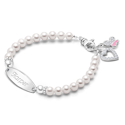 4mm Cultured Pearls, Baby/Children&#039;s Engraved Bracelet for Girls - Sterling Silver