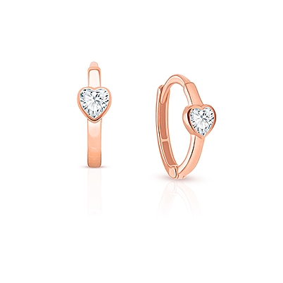 True Love, Clear CZ Heart Mother&#039;s Huggie Hoop Earrings - 14K Rose Gold