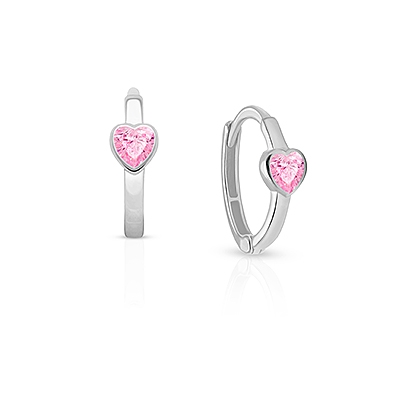 True Love, Pink CZ Heart Mother&#039;s Huggie Hoop Earrings - 14K White Gold