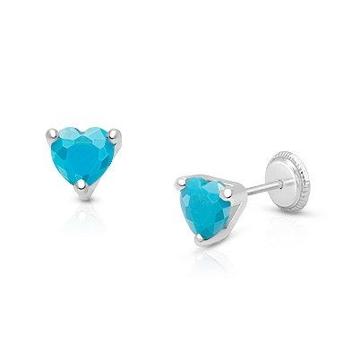 Simple Heart Studs, 5mm Turquoise CZ Baby/Children&#039;s Earrings, Screw Back - 14K White Gold