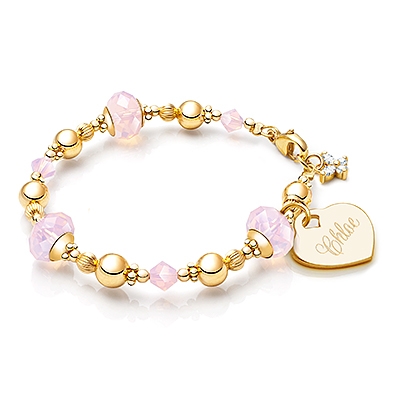 Gia™ Sweet Rose, Pink Opal Baby/Children&#039;s Beaded Bracelet for Girls (INCLUDES Engraved Charm) - 14K Gold