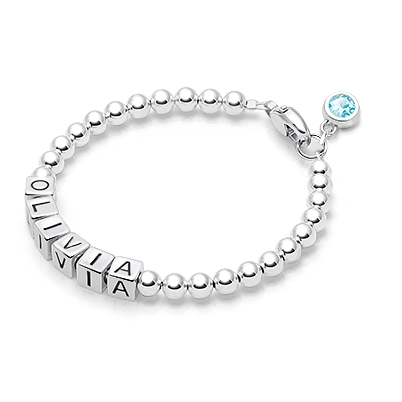 4mm Tiny Blessings Beads, Baby/Children&#039;s Name Bracelet for Girls (Includes Birthstone Charm) - Sterling Silver