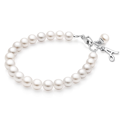 5mm Cultured Pearls, Personalized Baby/Children&#039;s Beaded Bracelet for Girls (Includes Initial and Birthstone Charms) - Sterling Silver