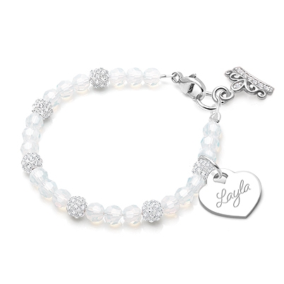 Ice Princess, White Opal Baby/Children&#039;s Beaded Bracelet for Girls (Includes Engraved Heart and Tiara Charm) - Sterling Silver