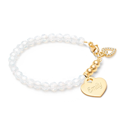 Enchanted Winter, White Opal Crystal Baby/Children&#039;s Beaded Bracelet for Girls (Includes Engraved Heart and Pavé Heart Charm) - 14K Gold