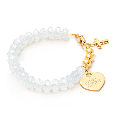 Gia™ Briolette Crystal, White Opal Baby/Children’s Beaded Bracelet for Girls (INCLUDES Engraved Charm) - 14K Gold