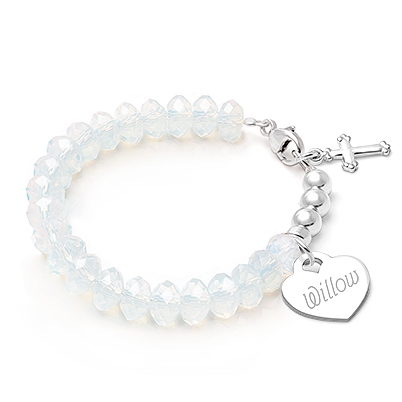 Gia™ Briolette Crystal, White Opal Baby/Children’s Beaded Bracelet for Girls (INCLUDES Engraved Charm) - Sterling Silver