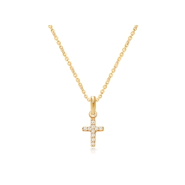 Miraculous Cross, Modern Pavé CZ Children's Necklace for Girls - 14K Gold