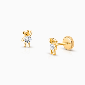 Teddy Bear Bliss, Clear CZ Baby/Children&#039;s Earrings, Screw Back - 14K Gold