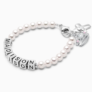 4mm Cultured Pearls, Christening/Baptism Baby/Children&#039;s Name Bracelet for Girls - Sterling Silver