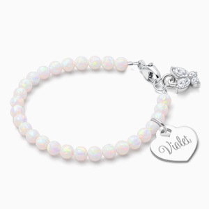 4mm Opals, Lab Created White Opal Baby/Children&#039;s Beaded Bracelet for Girls (INCLUDES Engraved Charm) - Sterling Silver