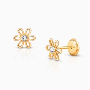 Dreaming Daisies, Clear CZ Stud, Baby/Children&#039;s Earrings, Screw Back - 14K Gold