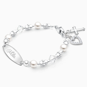 Diamonds &amp; Pearls, Baby/Childrens Engraved Bracelet for Girls - Sterling Silver