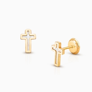 14K Gold Mother of Pearl Cross Earrings for Kids