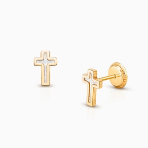 14K Gold Mother of Pearl Cross Earrings for Kids