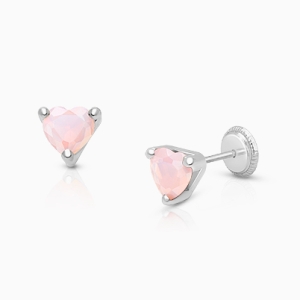 Gia™ Simple Heart Studs, 5mm Pink Opal CZ Baby/Children&#039;s Earrings, Screw Back - 14K White Gold