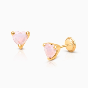 Gia™ Simple Heart Studs, 5mm Pink Opal CZ Baby/Children&#039;s Earrings, Screw Back - 14K Gold