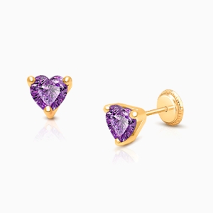 Simple Heart Studs, 5mm Royal Purple CZ Baby/Children&#039;s Earrings, Screw Back - 14K Gold