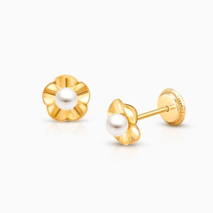 14K Solid Gold Baby CZ Flower Petals Screw Back Earrings Children Studs